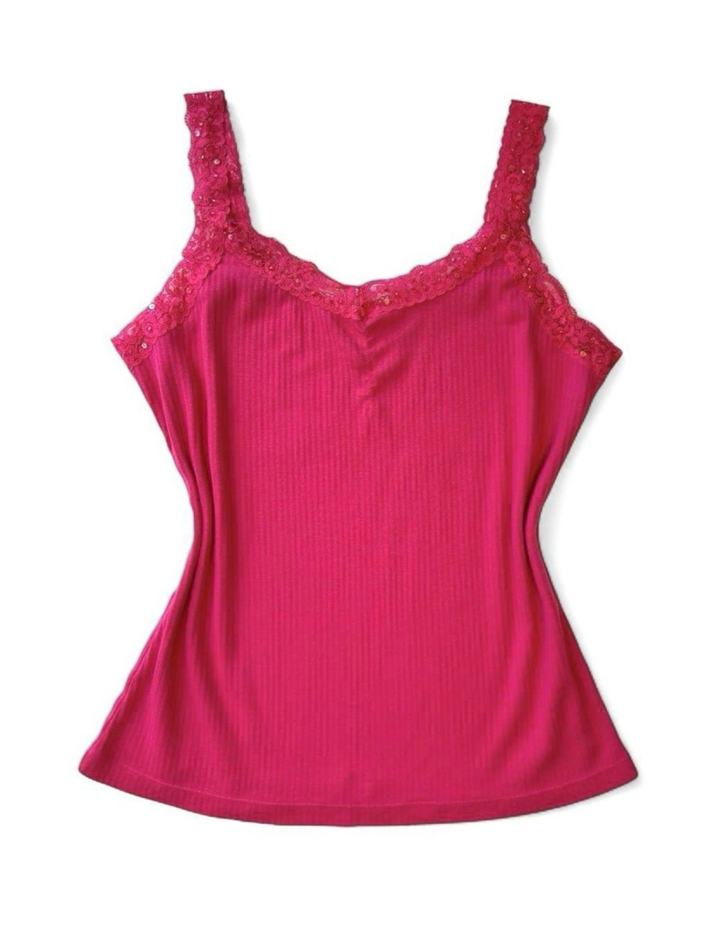Vintage 90s La Senza Lace Trim Hot Pink Cotton Tank Top With Beading & Sequins